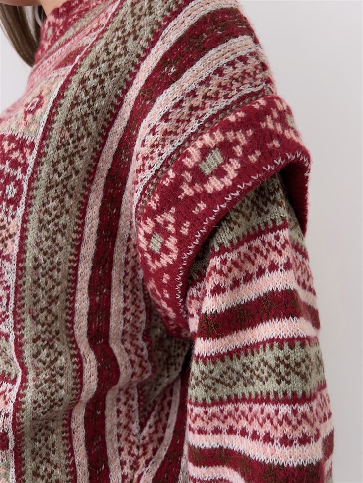 Desenli Kol Detaylı Lotus Kadın Bordo Kazak 23K000258