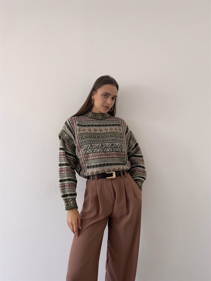 Desenli Kol Detaylı Lotus Kadın Haki Kazak 23K000258