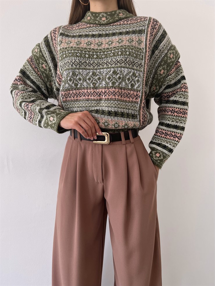 Desenli Kol Detaylı Lotus Kadın Haki Kazak 23K000258