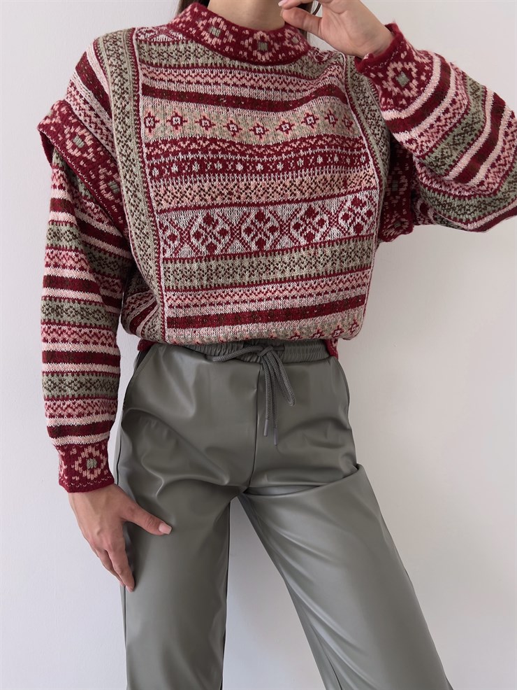 Desenli Kol Detaylı Lotus Kadın Bordo Kazak 23K000258