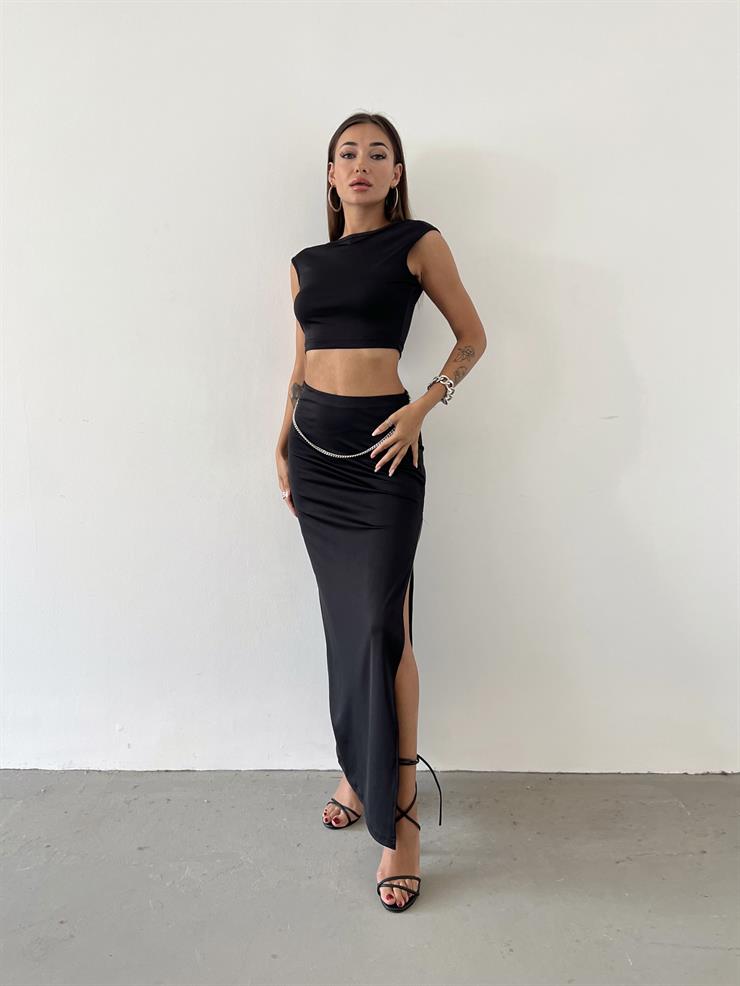 Sıfır Kol Crop Yüksek Bel Yırtmaçlı Etek Louisa Kadın Siyah Takım 23Y000609