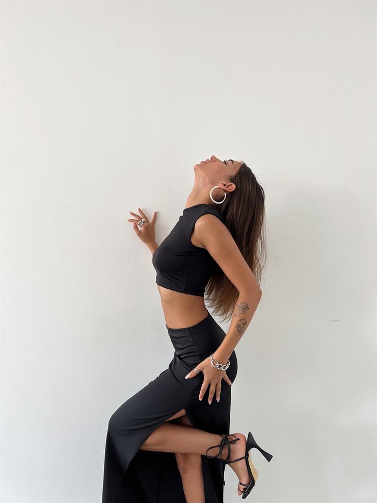 Sıfır Kol Crop Yüksek Bel Yırtmaçlı Etek Louisa Kadın Siyah Takım 23Y000609
