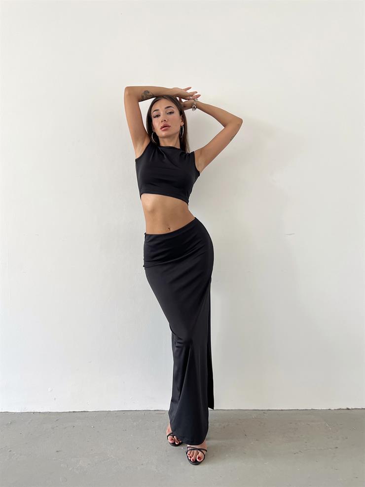 Sıfır Kol Crop Yüksek Bel Yırtmaçlı Etek Louisa Kadın Siyah Takım 23Y000609