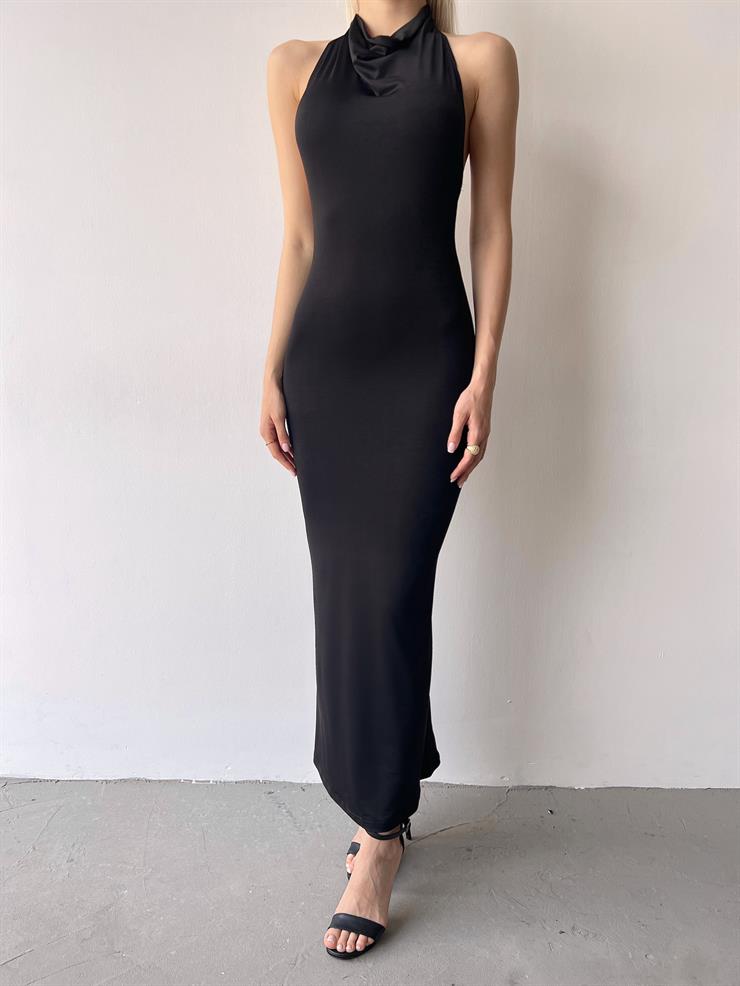 Sıfır Kol Sırtı Açık Drape Ve Aksesuar Detaylı Louna Kadın Siyah Elbise 23Y000359