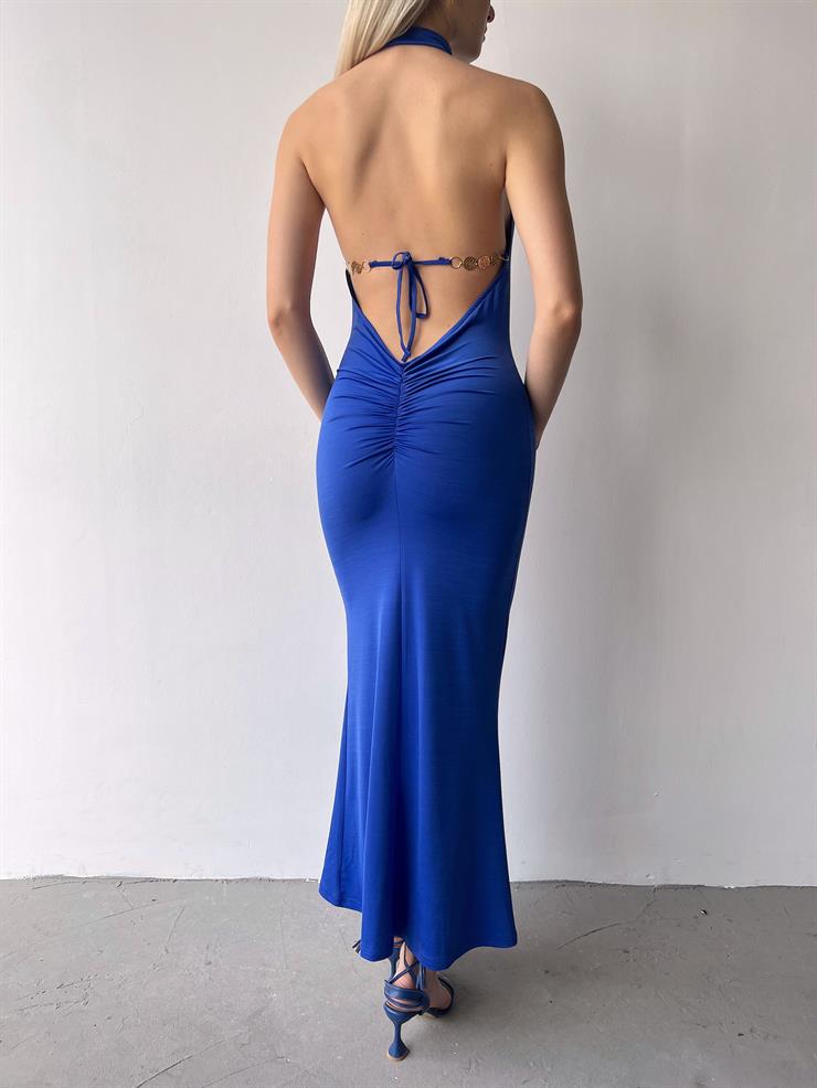 Sıfır Kol Sırtı Açık Drape Ve Aksesuar Detaylı Louna Kadın Saks Elbise 23Y000359