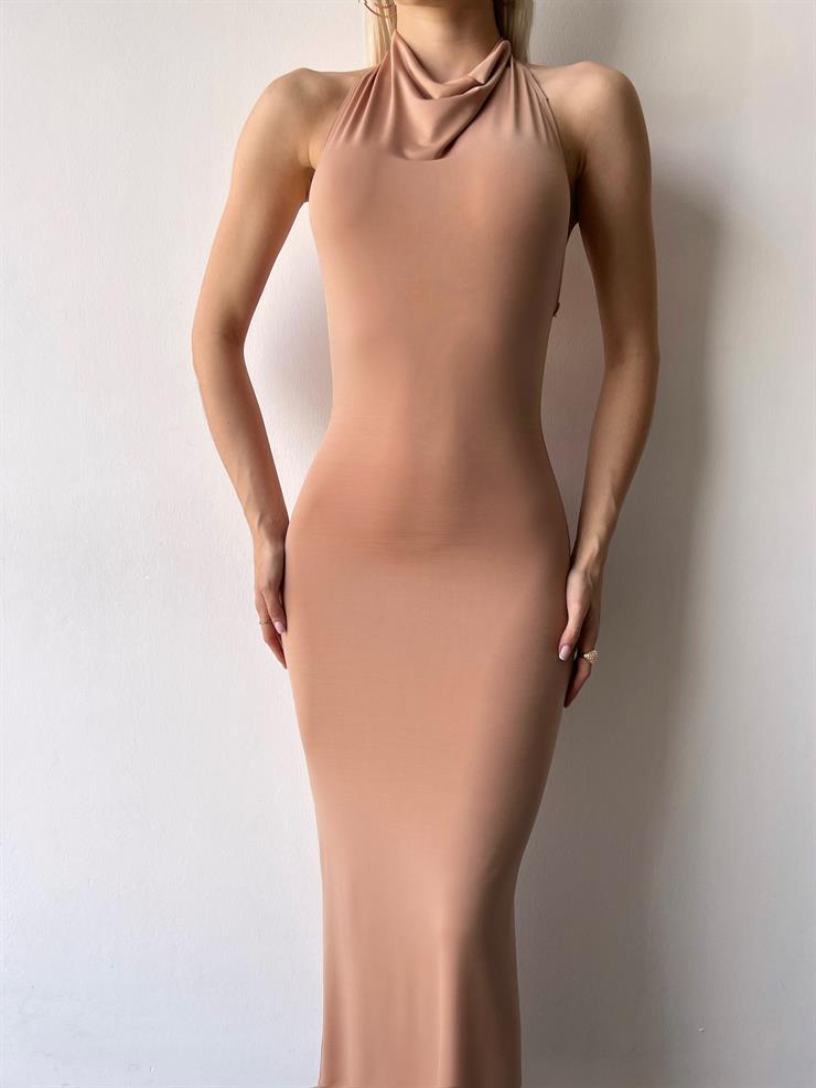 Sıfır Kol Sırtı Açık Drape Ve Aksesuar Detaylı Louna Kadın Camel Elbise 23Y000359