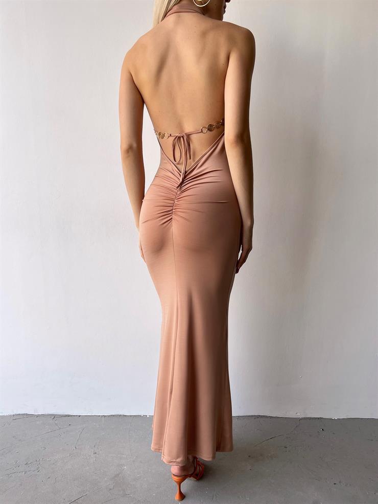 Sıfır Kol Sırtı Açık Drape Ve Aksesuar Detaylı Louna Kadın Camel Elbise 23Y000359