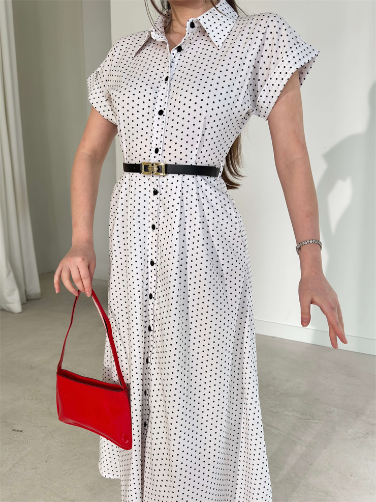 Puantiyeli Kemerli Cep Detaylı Önden Düğmeli Ekru Lovri Kadın Elbise 26Y109