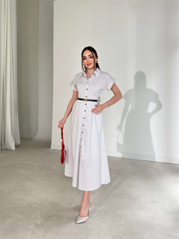 Puantiyeli Kemerli Cep Detaylı Önden Düğmeli Ekru Lovri Kadın Elbise 26Y109