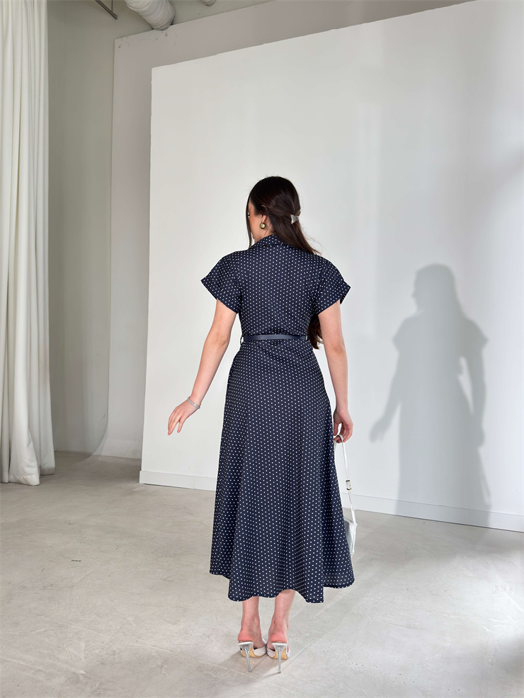 Puantiyeli Kemerli Cep Detaylı Önden Düğmeli Lacivert Lovri Kadın Elbise 26Y109