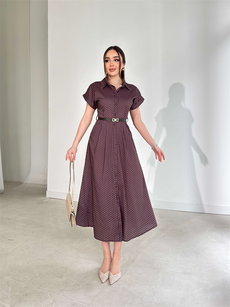 Puantiyeli Kemerli Cep Detaylı Önden Düğmeli Kahverengi Lovri Kadın Elbise 26Y109