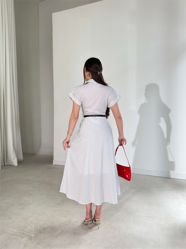 Puantiyeli Kemerli Cep Detaylı Önden Düğmeli Ekru Lovri Kadın Elbise 26Y109