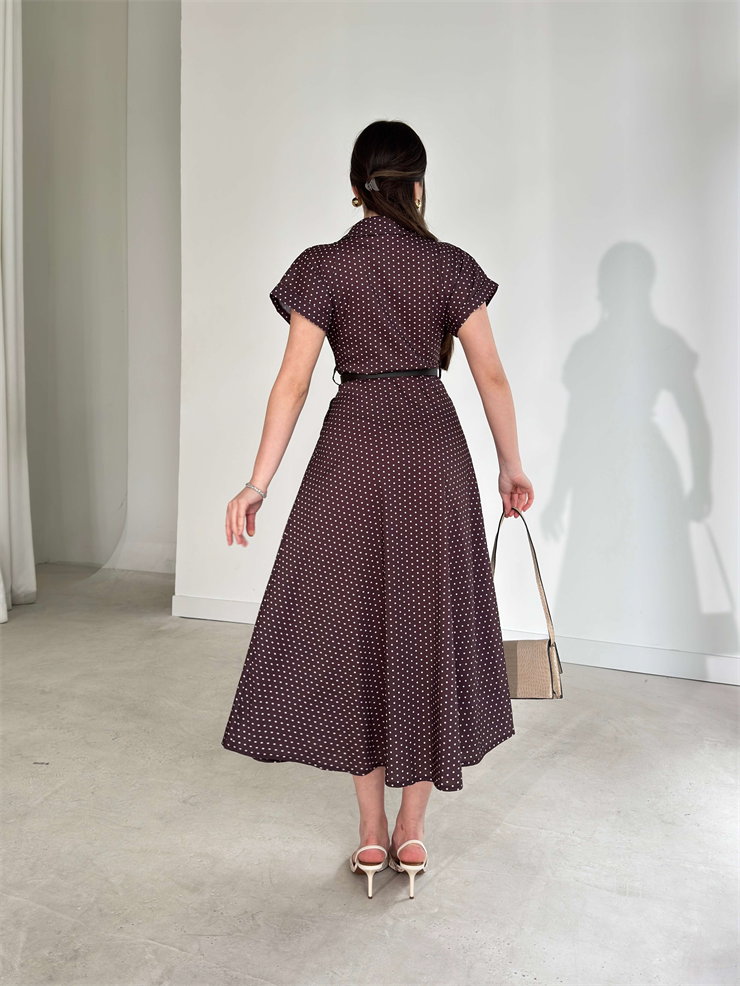 Puantiyeli Kemerli Cep Detaylı Önden Düğmeli Kahverengi Lovri Kadın Elbise 26Y109