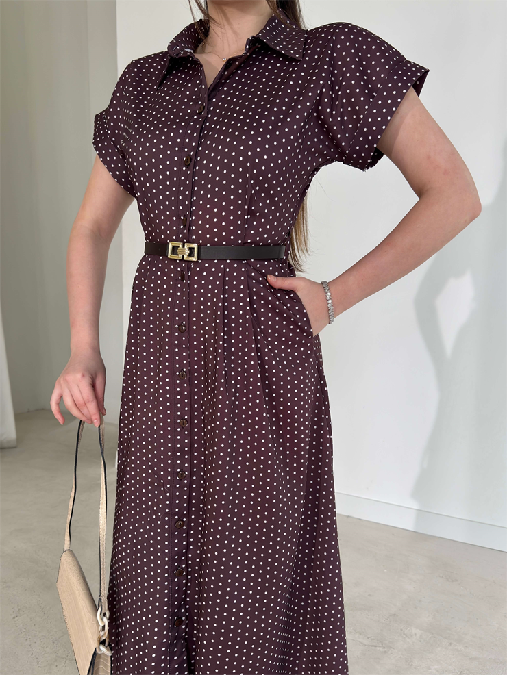 Puantiyeli Kemerli Cep Detaylı Önden Düğmeli Kahverengi Lovri Kadın Elbise 26Y109