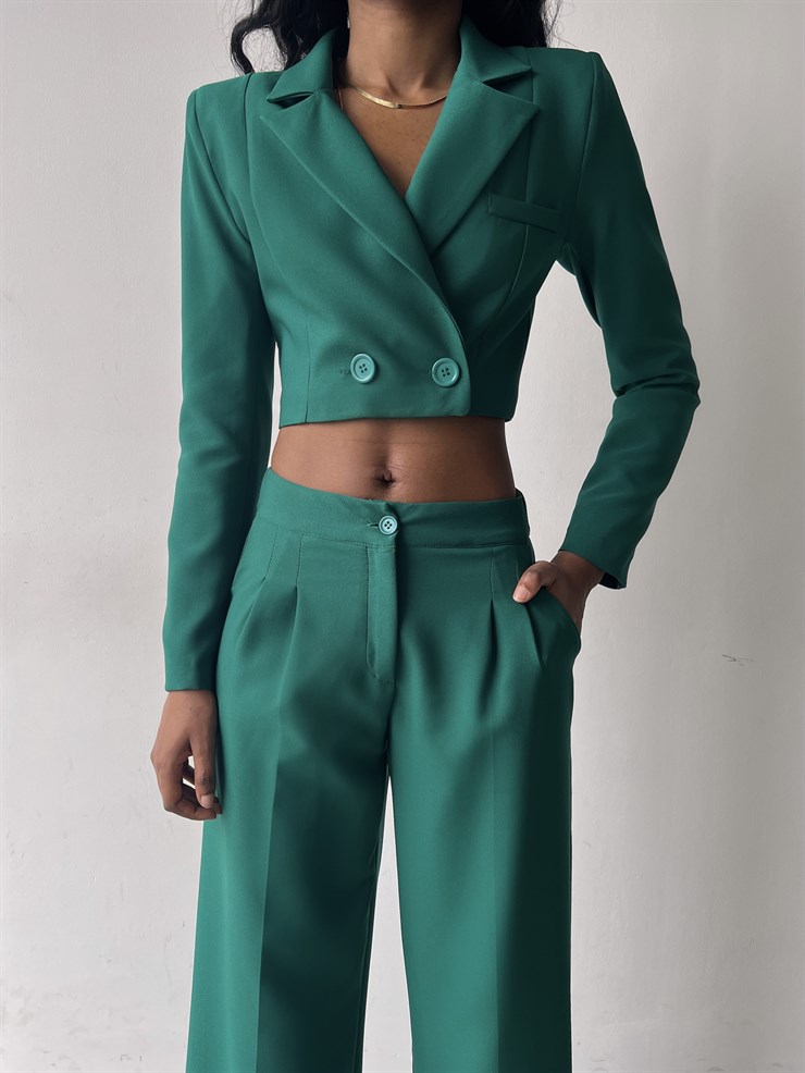 Kruvaze Yaka Ön Düğme Kapamalı Alt Yüksek Bel Lowell Kadın Zümrüt İkili Takım 23K000310