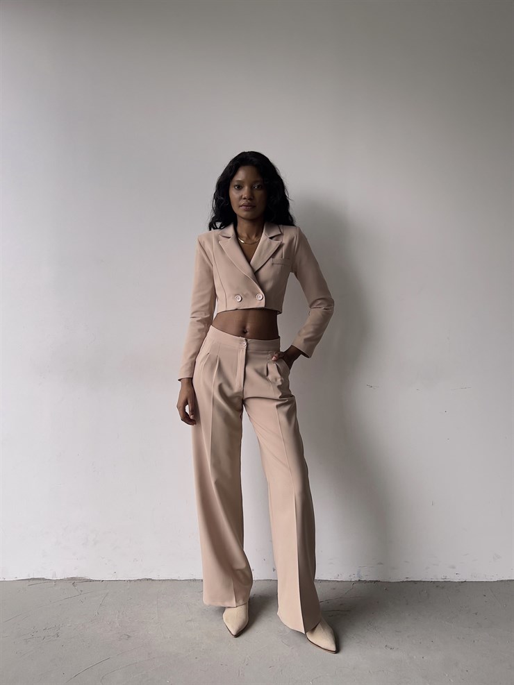 Kruvaze Yaka Ön Düğme Kapamalı Alt Yüksek Bel Lowell Kadın Bej İkili Takım 23K000310