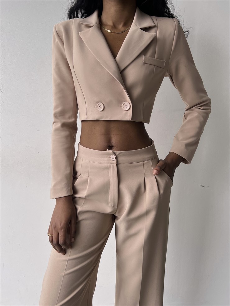 Kruvaze Yaka Ön Düğme Kapamalı Alt Yüksek Bel Lowell Kadın Bej İkili Takım 23K000310