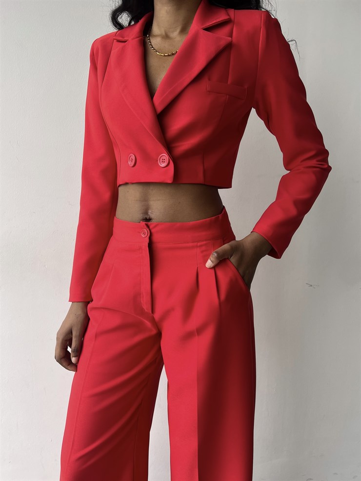 Kruvaze Yaka Ön Düğme Kapamalı Alt Yüksek Bel Lowell Kadın Kırmızı İkili Takım 23K000310