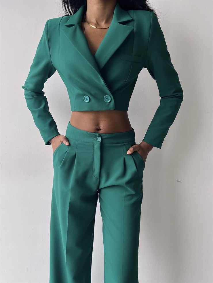Kruvaze Yaka Ön Düğme Kapamalı Alt Yüksek Bel Lowell Kadın Zümrüt İkili Takım 23K000310