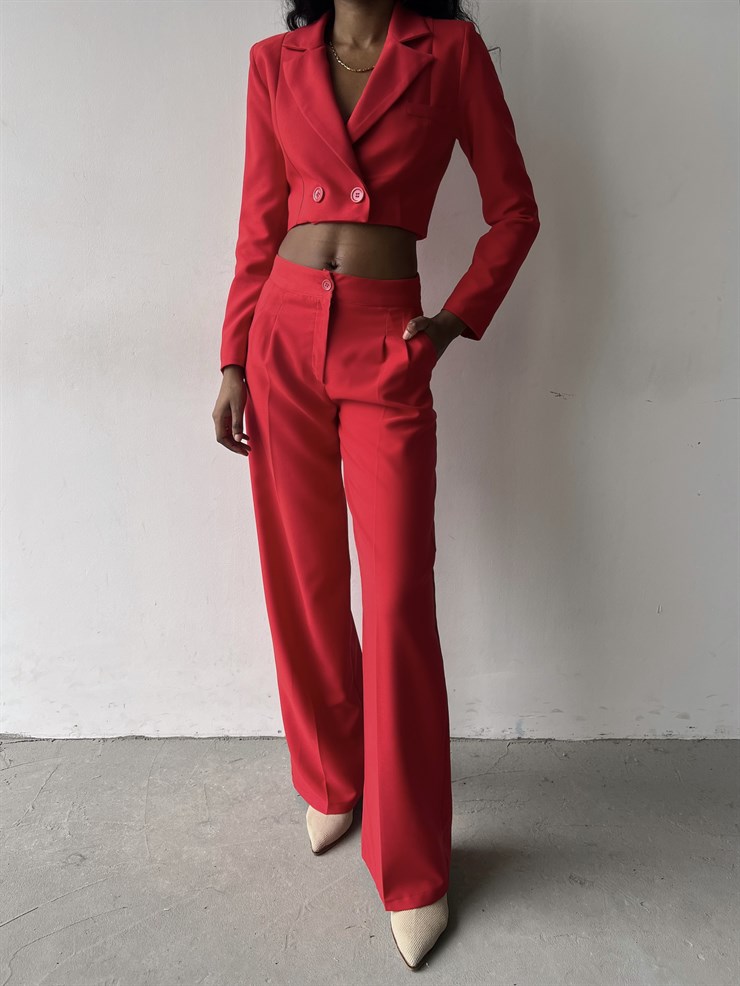 Kruvaze Yaka Ön Düğme Kapamalı Alt Yüksek Bel Lowell Kadın Kırmızı İkili Takım 23K000310