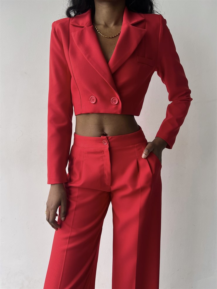 Kruvaze Yaka Ön Düğme Kapamalı Alt Yüksek Bel Lowell Kadın Kırmızı İkili Takım 23K000310