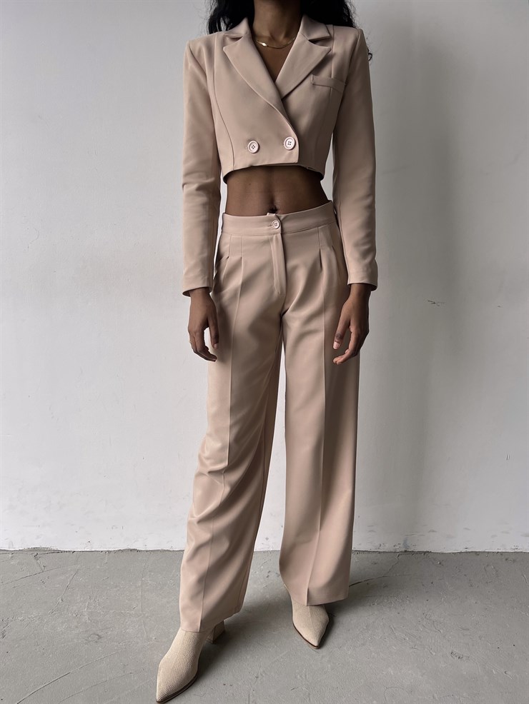 Kruvaze Yaka Ön Düğme Kapamalı Alt Yüksek Bel Lowell Kadın Bej İkili Takım 23K000310