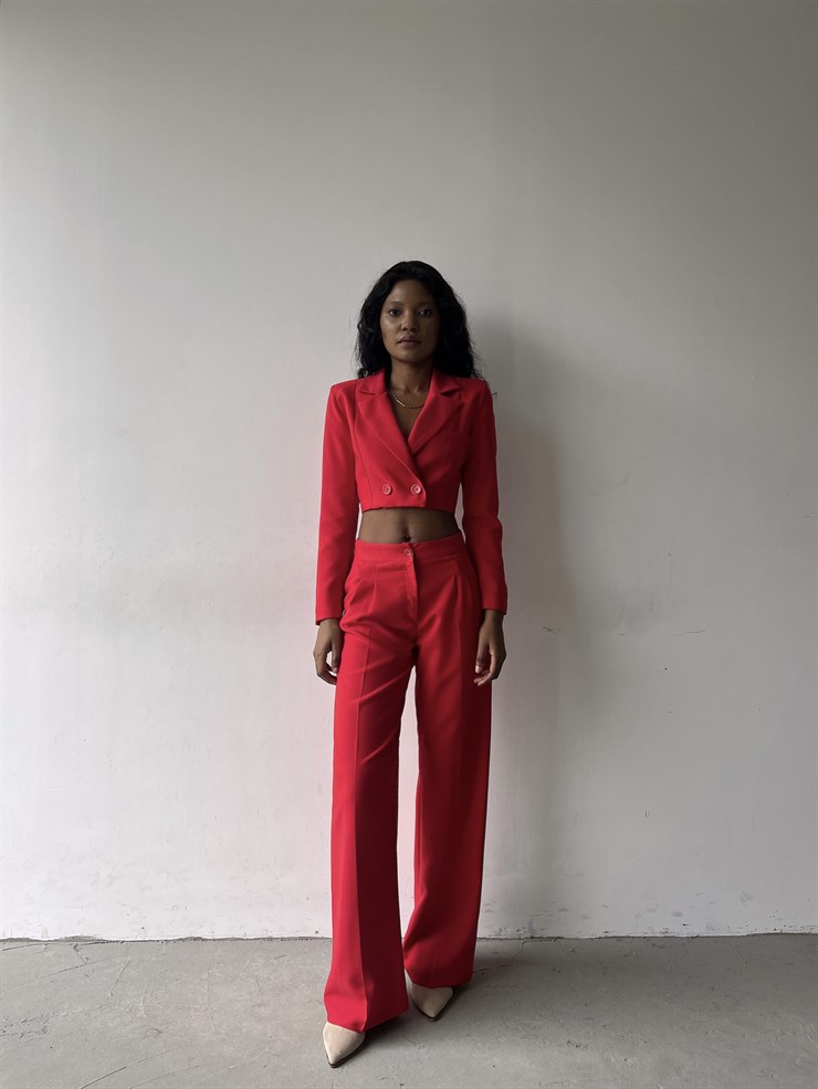 Kruvaze Yaka Ön Düğme Kapamalı Alt Yüksek Bel Lowell Kadın Kırmızı İkili Takım 23K000310