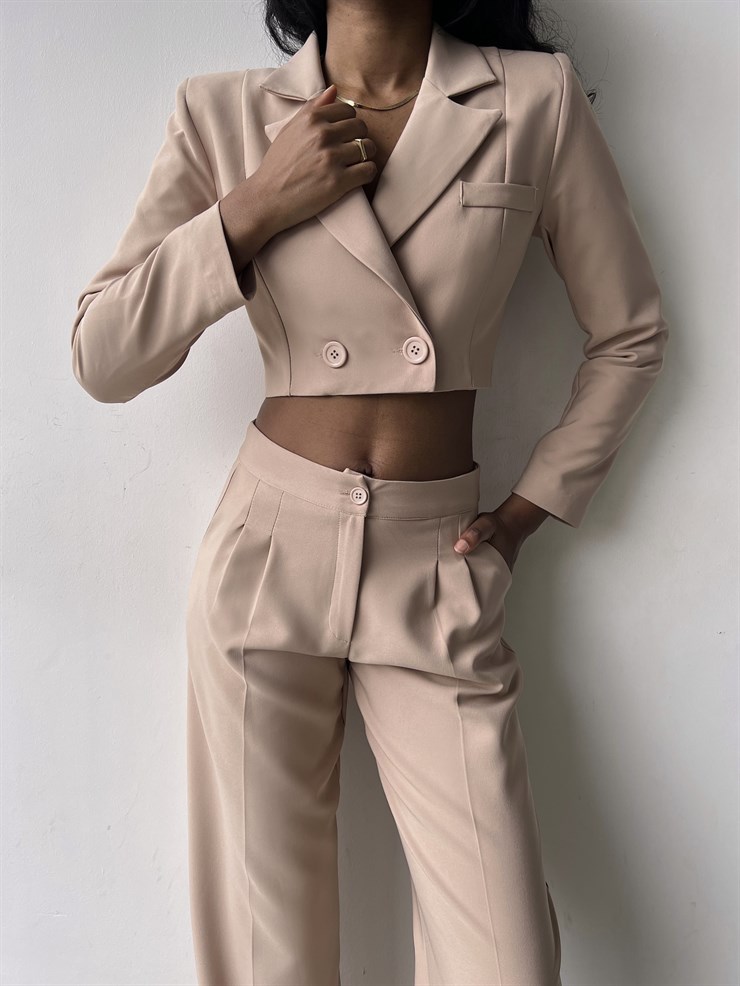 Kruvaze Yaka Ön Düğme Kapamalı Alt Yüksek Bel Lowell Kadın Bej İkili Takım 23K000310