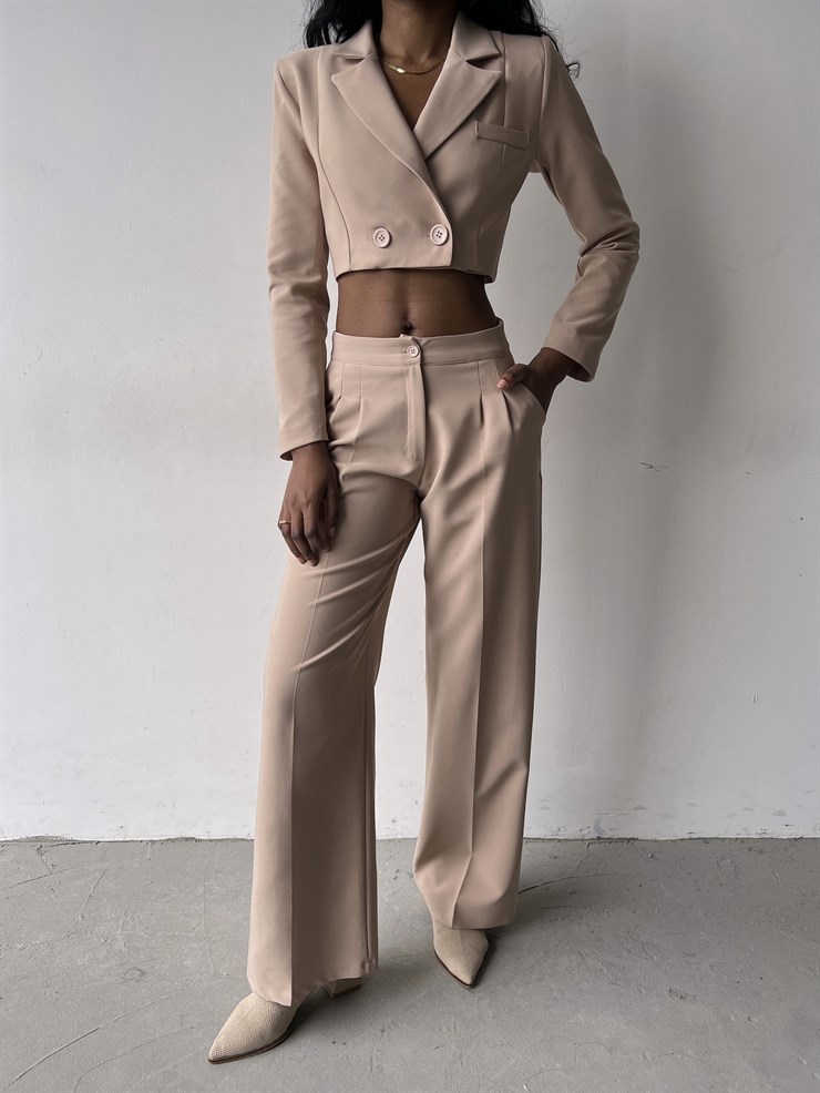 Kruvaze Yaka Ön Düğme Kapamalı Alt Yüksek Bel Lowell Kadın Bej İkili Takım 23K000310