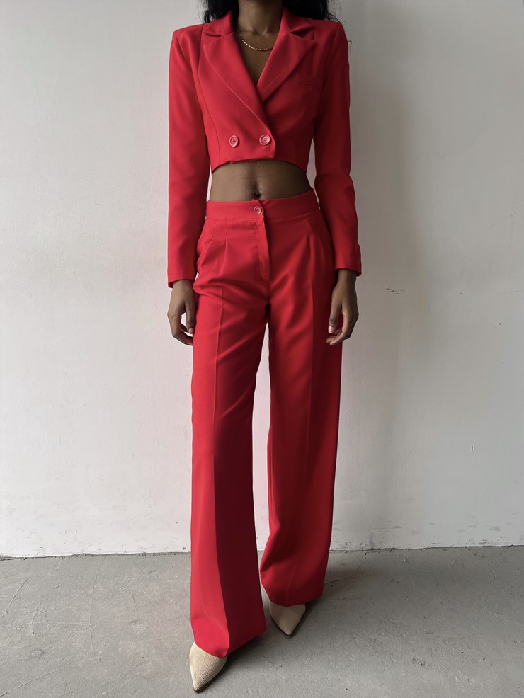 Kruvaze Yaka Ön Düğme Kapamalı Alt Yüksek Bel Lowell Kadın Kırmızı İkili Takım 23K000310