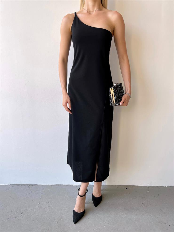 Tek Omuz Yırtmaçlı Luana Kadın Siyah Elbise 23Y000372