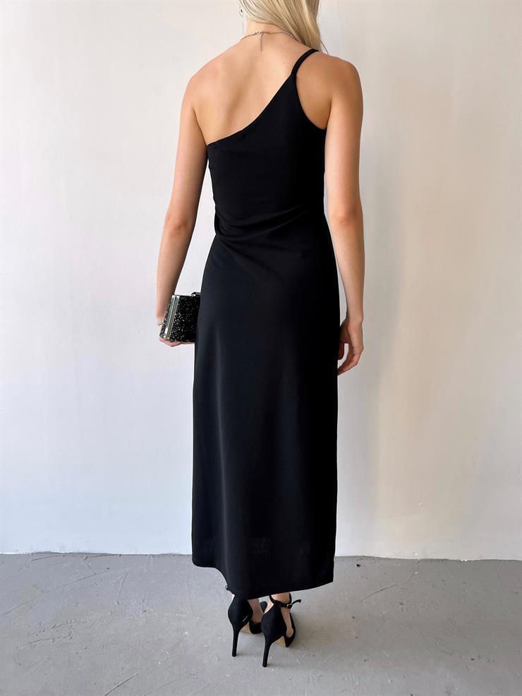 Tek Omuz Yırtmaçlı Luana Kadın Siyah Elbise 23Y000372