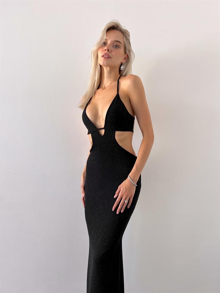 Derin V Yaka Beli Pencere Detaylı Sırt Dekolteli Luano Kadın Siyah Simli Elbise 23Y000568