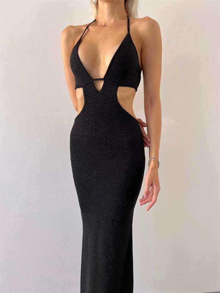 Derin V Yaka Beli Pencere Detaylı Sırt Dekolteli Luano Kadın Siyah Simli Elbise 23Y000568