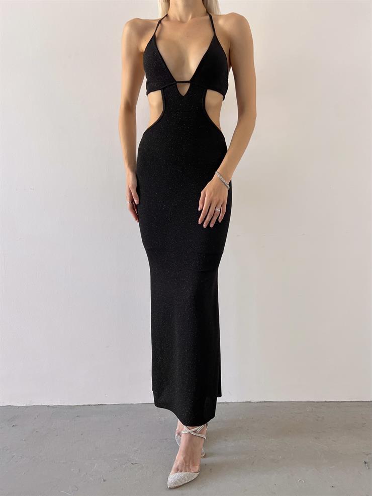 Derin V Yaka Beli Pencere Detaylı Sırt Dekolteli Luano Kadın Siyah Simli Elbise 23Y000568