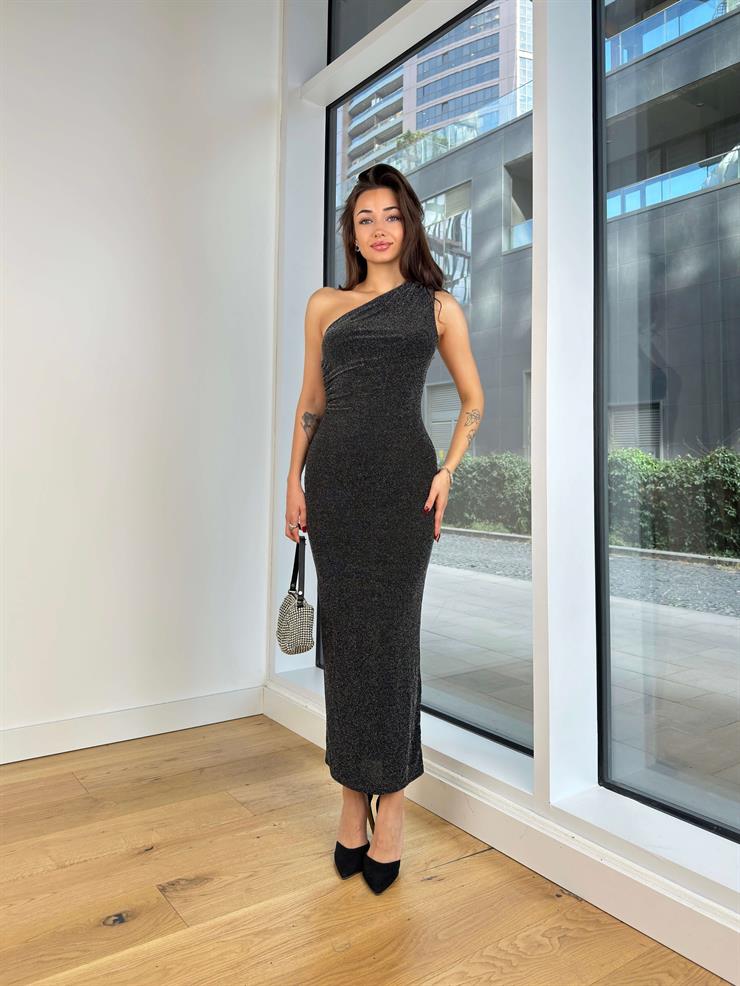 Tek Omuz Drapeli Lucen Siyah Simli Kadın Elbise 25K291