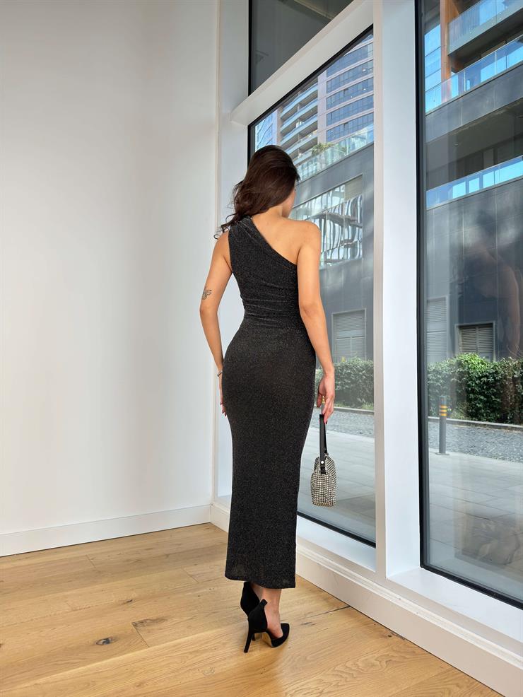 Tek Omuz Drapeli Lucen Siyah Simli Kadın Elbise 25K291