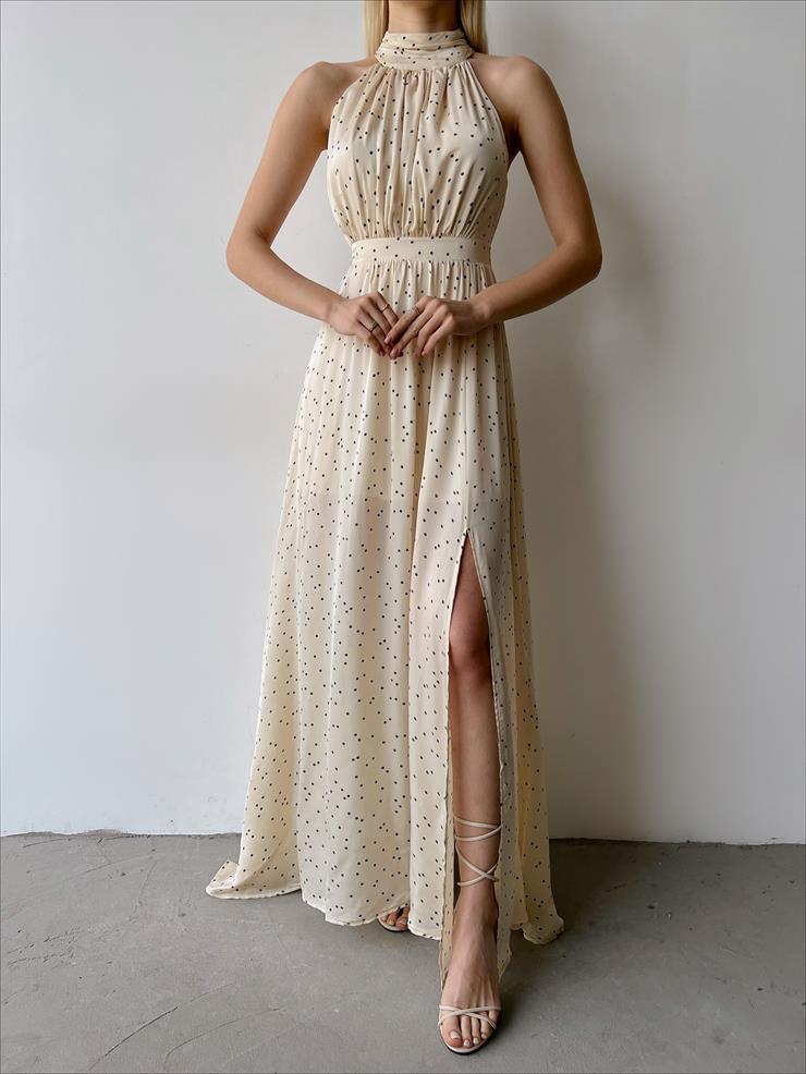 Sıfır Kol Dik Yaka Lucıes Kadın Puantiyeli Bej Elbise 23Y000263