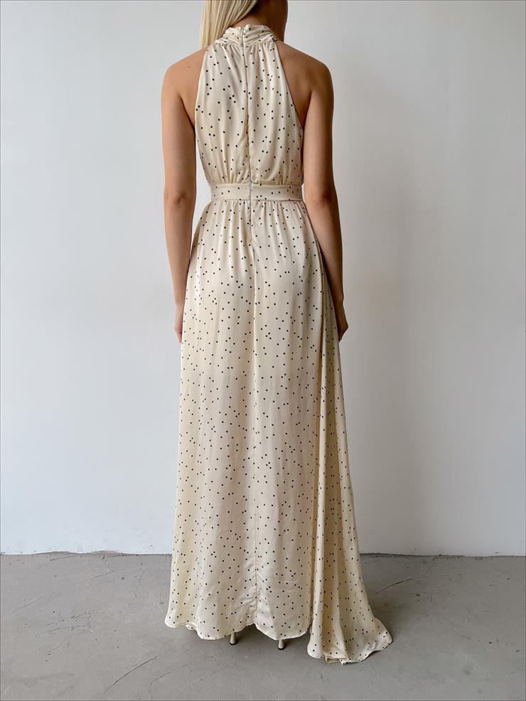 Sıfır Kol Dik Yaka Lucıes Kadın Puantiyeli Bej Elbise 23Y000263