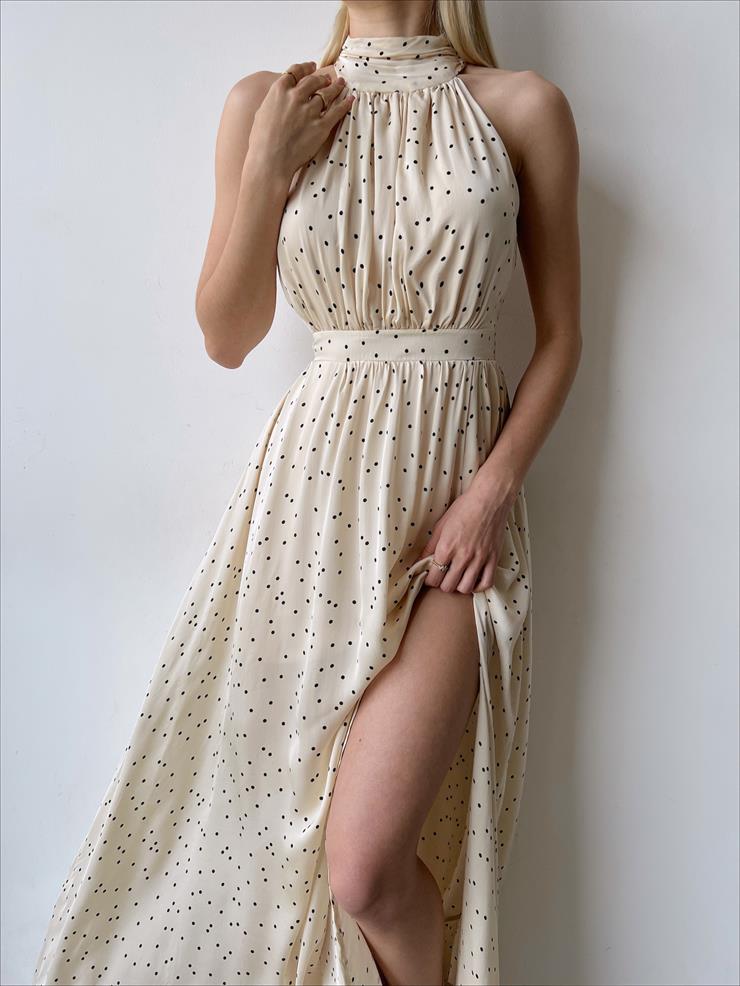 Sıfır Kol Dik Yaka Lucıes Kadın Puantiyeli Bej Elbise 23Y000263