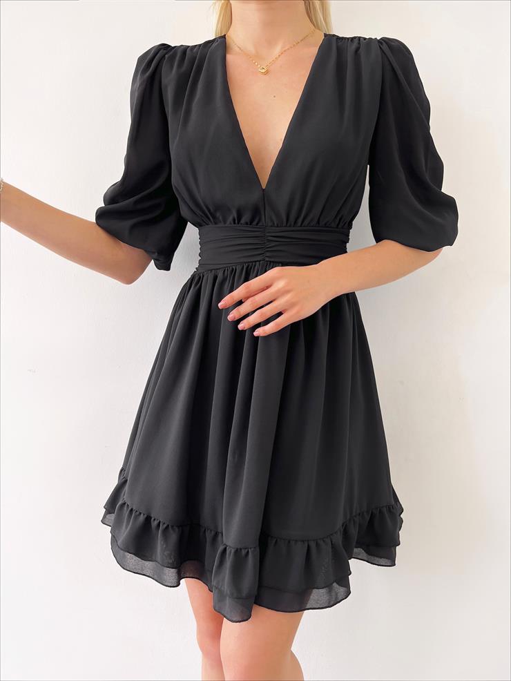 V Yaka Belden Oturmalı Tül Kol Lucıus Kadın Siyah Mini Elbise 23Y000262