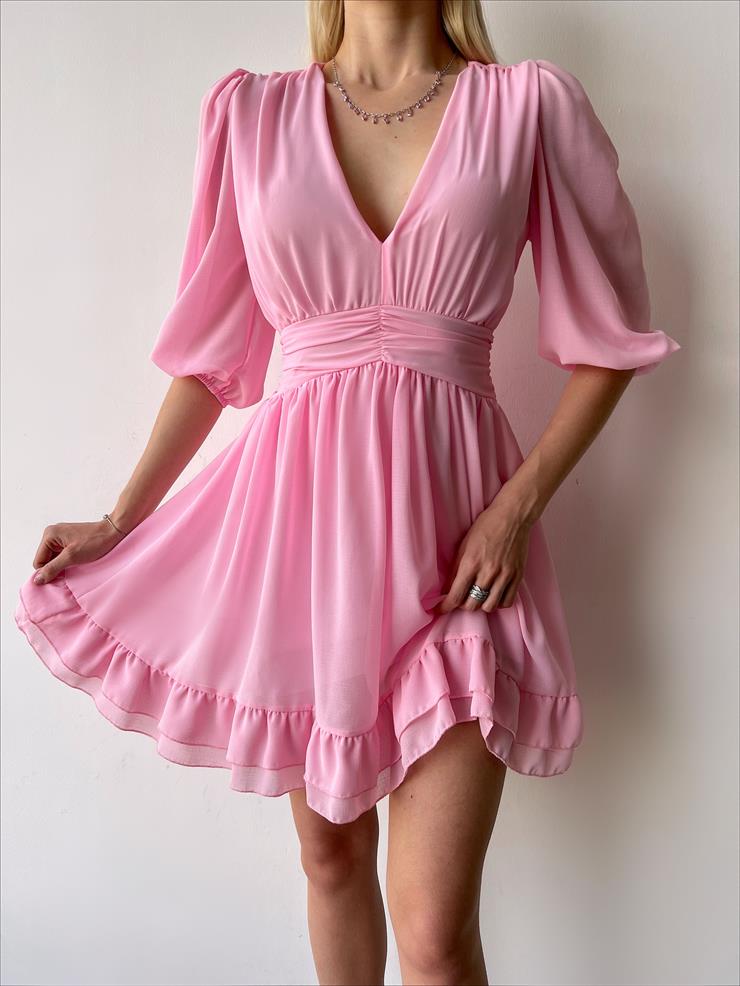 V Yaka Belden Oturmalı Tül Kol Lucıus Kadın Pembe Mini Elbise 23Y000262