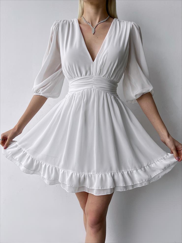 V-Neck Tulle Sleeve Lucius Womens White Mini Dress 23Y000262