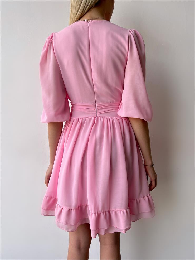 V Yaka Belden Oturmalı Tül Kol Lucıus Kadın Pembe Mini Elbise 23Y000262