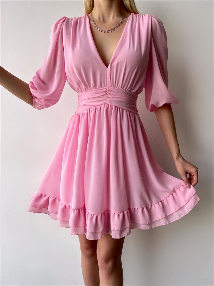 V Yaka Belden Oturmalı Tül Kol Lucıus Kadın Pembe Mini Elbise 23Y000262