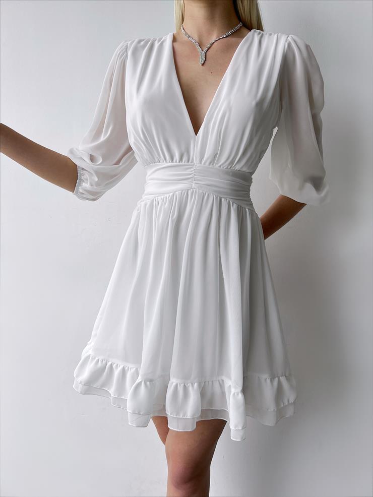 V Yaka Belden Oturmalı Tül Kol Lucıus Kadın Beyaz Mini Elbise 23Y000262