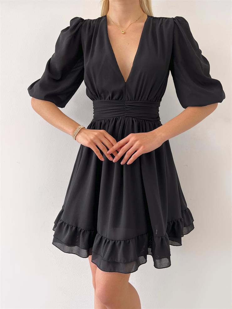 V Yaka Belden Oturmalı Tül Kol Lucıus Kadın Siyah Mini Elbise 23Y000262