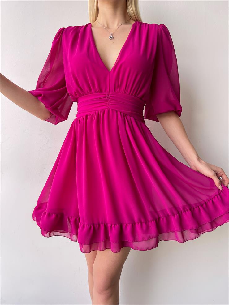 V Yaka Belden Oturmalı Tül Kol Lucıus Kadın Fuşya Mini Elbise 23Y000262