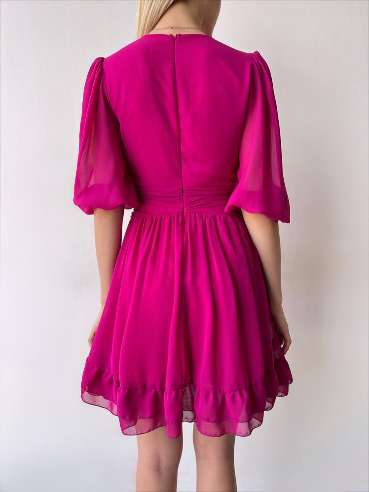 V Yaka Belden Oturmalı Tül Kol Lucıus Kadın Fuşya Mini Elbise 23Y000262