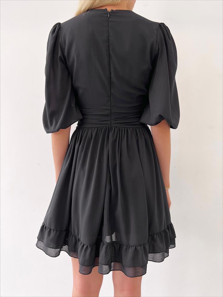 V Yaka Belden Oturmalı Tül Kol Lucıus Kadın Siyah Mini Elbise 23Y000262